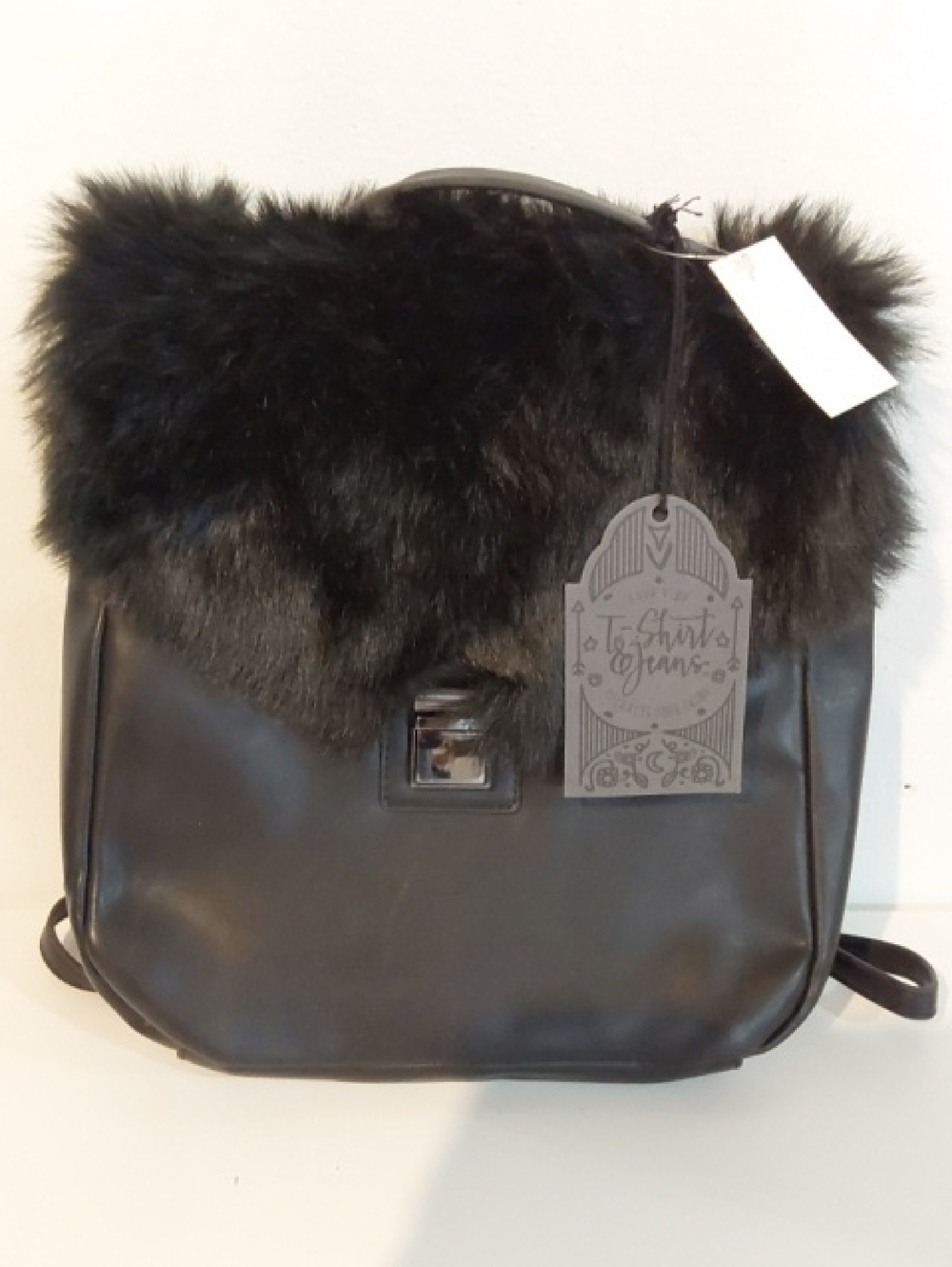 True Vibe| Womens  Boxy Black Faux Fur Flap Vinyl Backpack Trendy Sleek Medium